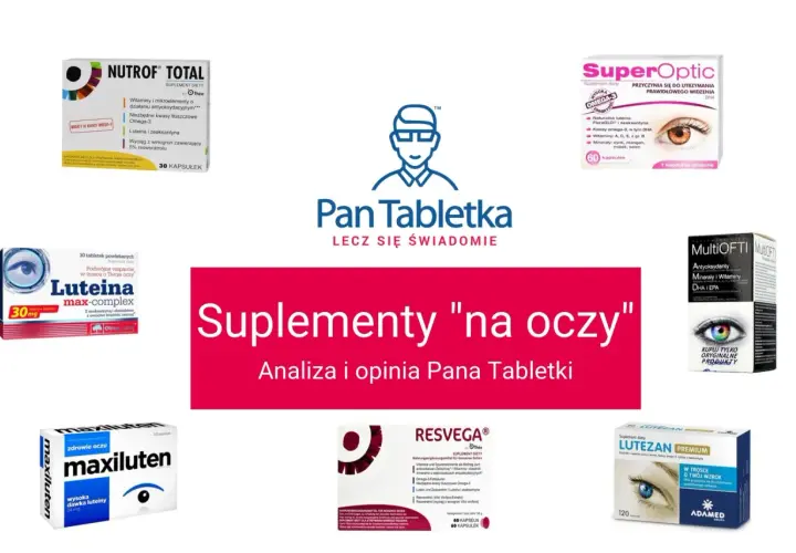 Suplementy diety na oczy: Nutrof Total, SuperOptic, Luteina max-complex, Maxiluten, Resvega, MultiOFTI, Lutezan Premium. Wiele z nich zawiera witaminę B9.